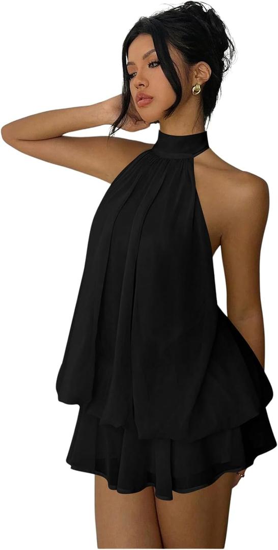 Verdusa Women's Chiffon Halter Drop Waist Wedding Guest Dresses Ruffle Summer Mini Dress Brunch Outfits (Medium, Black)