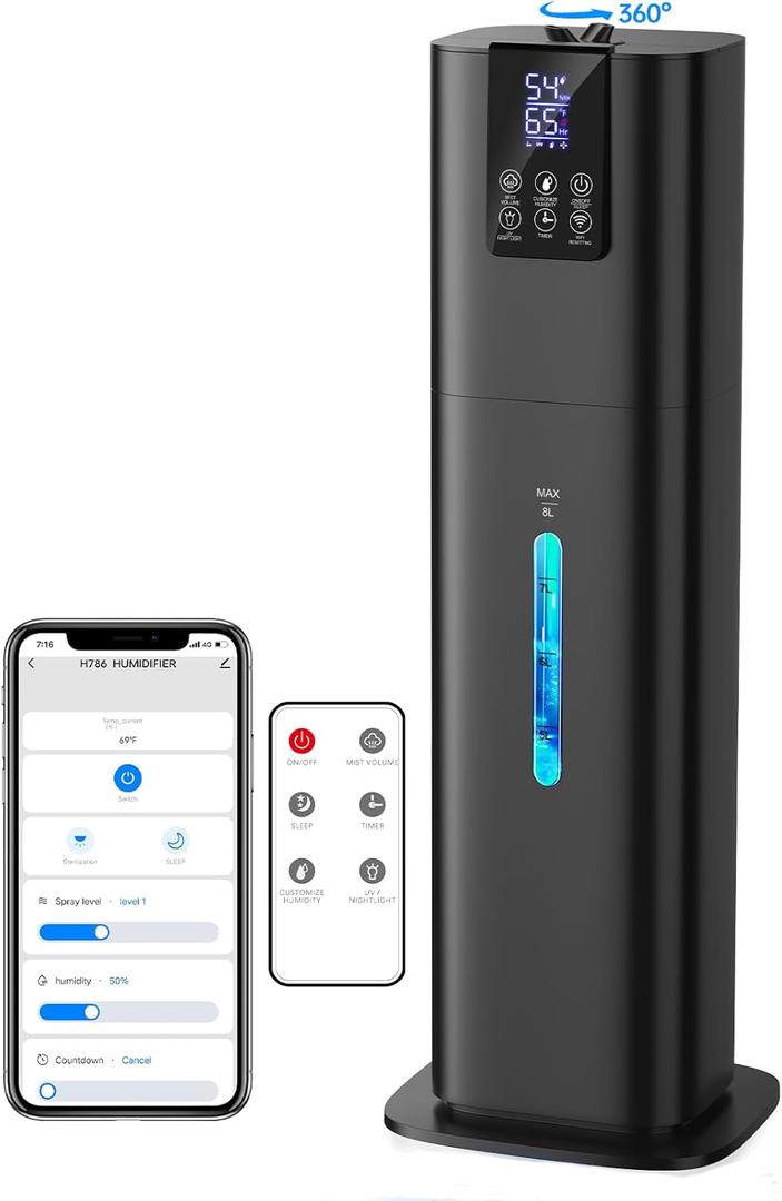 8L Smart Humidifiers for Bedroom Large Room, 2.1Gal Cool Mist Top Fill Diffuser Ambient Light, App & Remote Control, 3 Mist Modes, 12H Timer, 35dB Quiet Humidifier for Home Office Plant (Black)