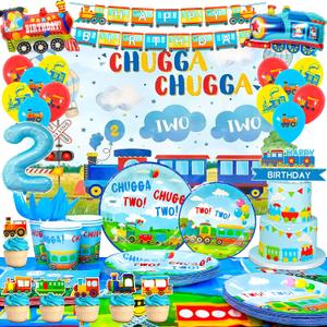 Chugga Chugga Two Two Party Decorations, 16 Guests Train Party Tableware Decorations Set Including Transportation Plates Napkins Tablecloth Banner Balloon Backdrop etc Train Birthday Party Supplies