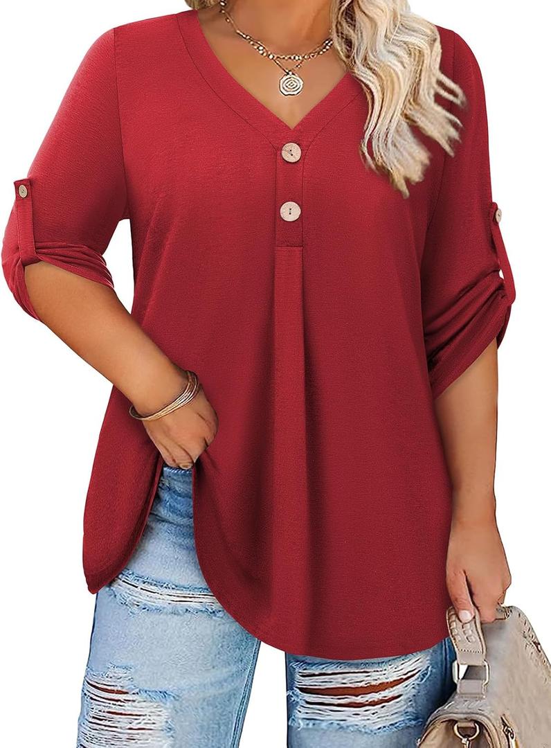 Siddhe Womens Plus Size Tops Button 3/4 Sleeve V Neck Blouses Dressy Casual Tunic Tops for Curvy Women Loose Fit XL-5XL (Red)