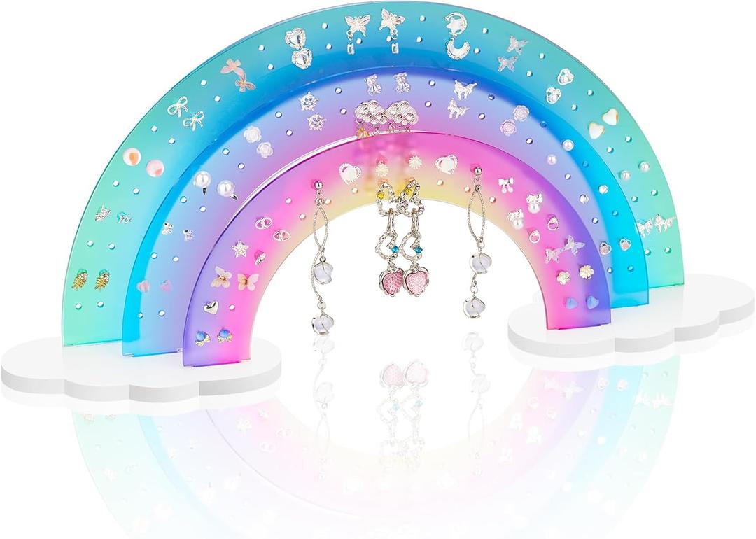NiHome 3-Tier Acrylic Rainbow Earring Organizer, 14" W x 6.3" H Lightweight and Durable Design 140 Holes for 70 Pairs, Unique Front Row for Special Earrings (Blue-Purple Gradient Colors)