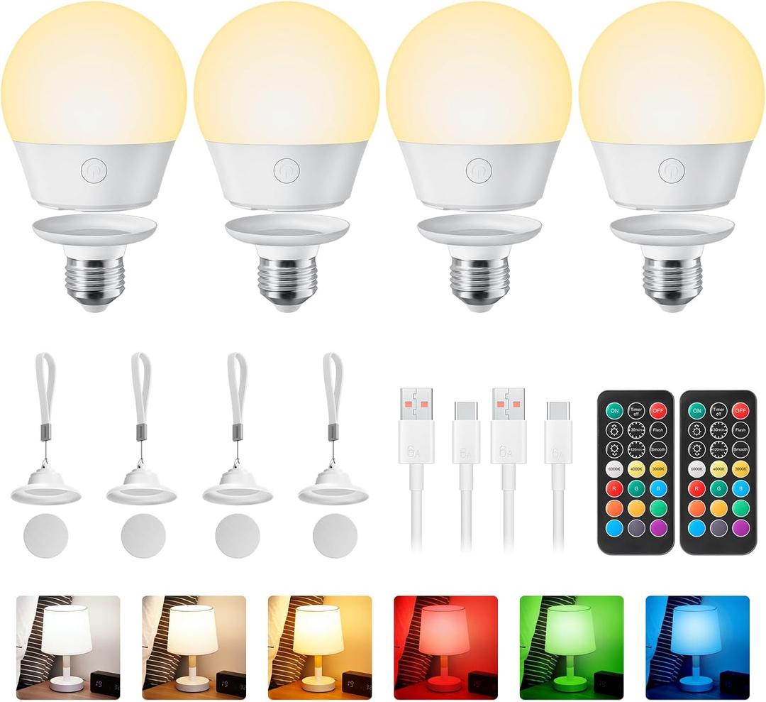 Brightown E26 Rechargeable Light Bulb with Remote and Timer, Battery Backup Bulb for Sconces and Lamps, E26 Detachable Charging for Non-Hardwired Fixture, 3 Color Temperatures + 9 RGB Colors, 4 Pack