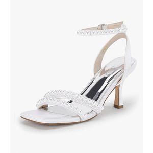 Coutgo Womens Pearl Kitten Heels Sandals Square Open Toe Dress Sandals Ankle Strap Satin Wedding Party Summer Sandals
Size 8