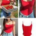 Starrylion Lace Body Suit Square Neck Tops for Women Sleeveless Spaghetti Strap Tank Top Bodysuits for Women Sexy Jumpsuit (Red, XL)