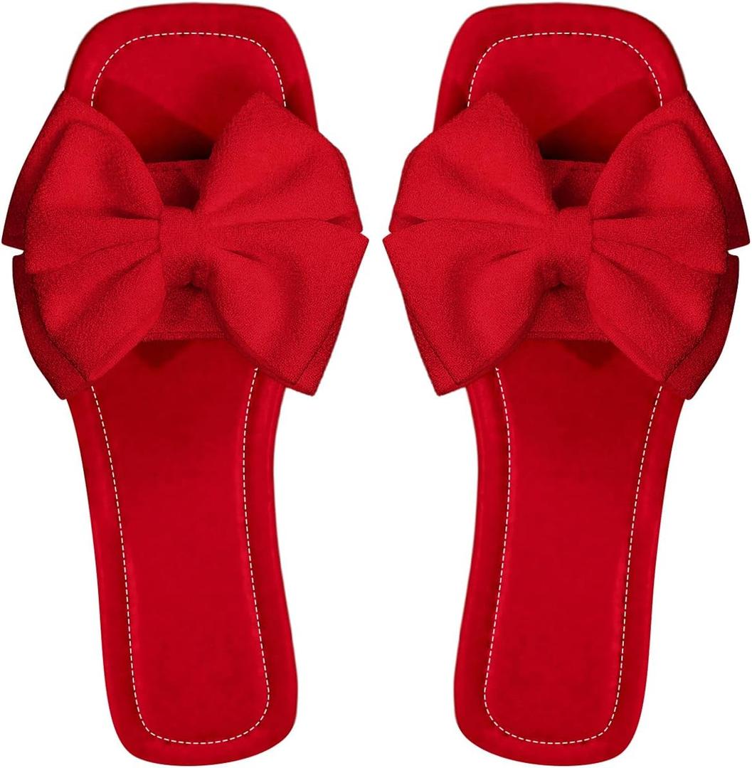 Verdusa Women's Bowknot Flat Sandals Summer Open Toe Slide Slip On Sandals (10.5, Red)