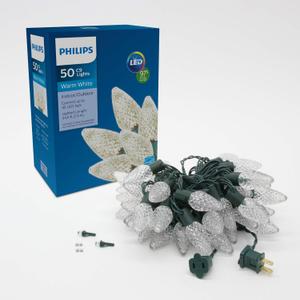 Philips 50 LED Warm White Faceted C9 Christmas Lights on Green Wire with Storage Spool - UL Listed for Indoor/Outdoor Use - 26.83' Total Length with 6" Bulb Spacing - String Lights for Christmas Tree