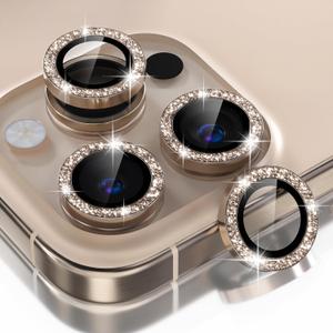 Choiche Compatible for iPhone 16 Pro/iPhone 16 Pro Max Camera Lens Protector Bling, 9H Tempered Glass Camera Cover Screen Protector Metal Ring Decoration Accessories(Glitter-Titanium Desert) (For 16 Pro Max/16 Pro, Glitter Titanium Desert)