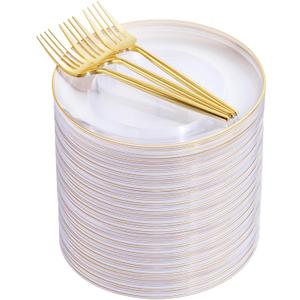 Rubtlamp 200Pcs Clear Gold Dessert Plates With Plastic Gold Forks, 100pcs 7.5inch Plates For Appetizers,100pcs 7.8inch Premium Forks Disposable, Cake Platos Disposable for Wedding