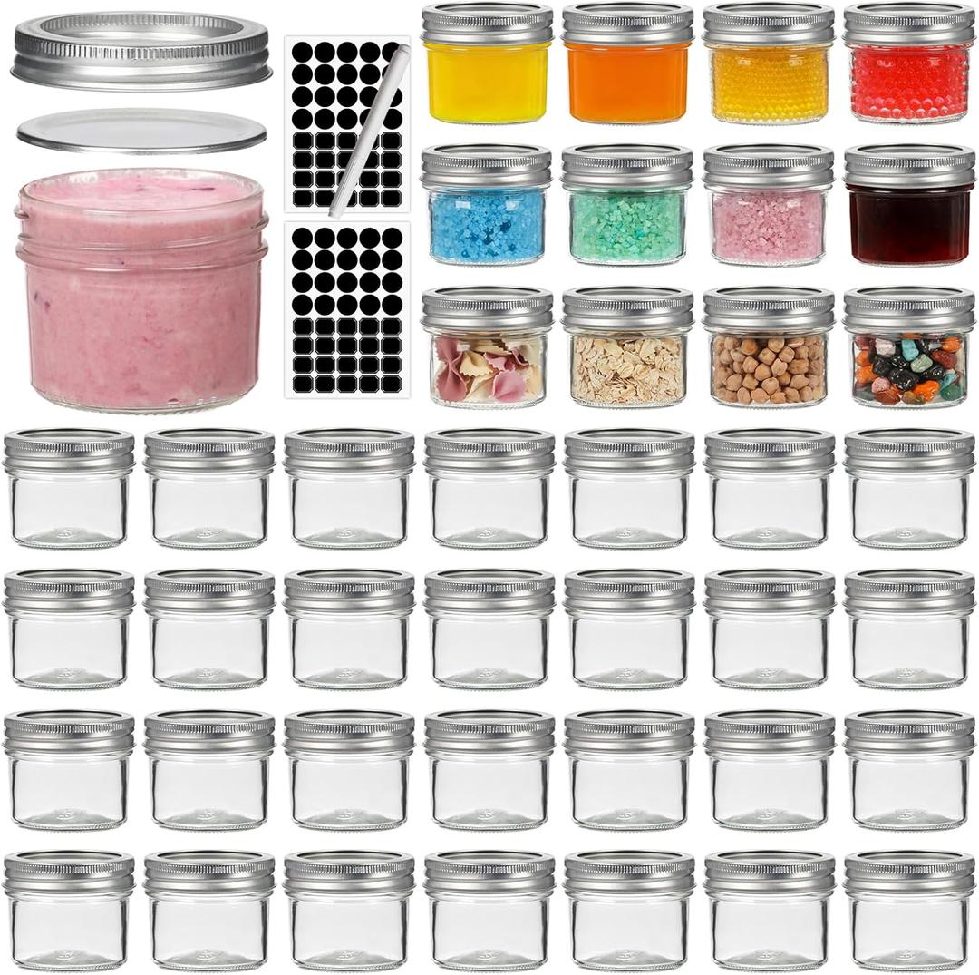 40 Pack 4 oz Glass Jars with Lids and Bands, Regular Mouth Mini Mason Jar, Canning Jars for Honey, Jam, Jelly, Wedding Favor, Shower Favor, Body Butters, Spice (Silver LidBand)