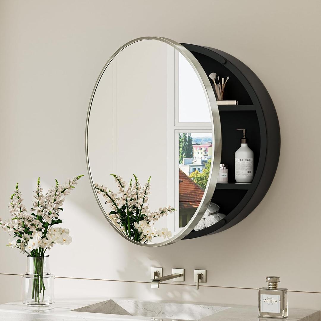 TokeShimi 24 x 24 Round Medicine Cabinet for Bathroom, Brushed Nickel Circle Medicine Cabinet Mirror Shatterproof with Stainless Steel Metal Frame, Detachable Shelves, Wall Mounted Only