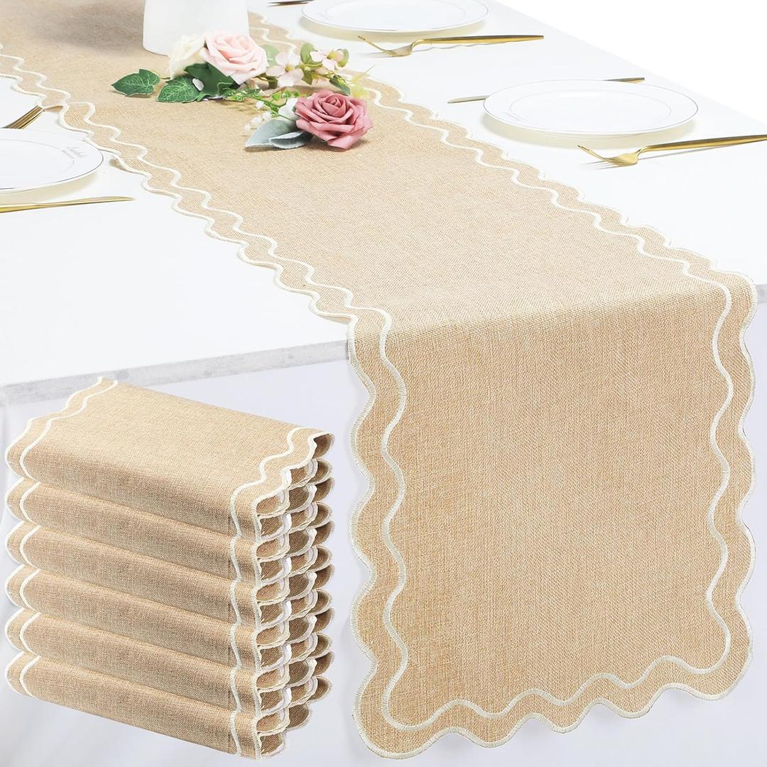 Hahafelt 6 Pcs Scalloped Linen Table Runners 72 x 14 Inch Beige Scalloped Table Runners Embroidery Edge Double Layer Rectangle Runner Stitched Edge for Wedding Bridal Shower Farmhouse Party Decor