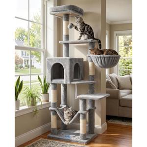 Hey-brother Cat Tree with Large Hammock, Multi-Level Cat Tower for Indoor Cats, Cat Condo with Sisal-Covered Scratching Posts and Top Perch, Light Gray MPJ050W