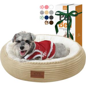 Cat Bed, 23In Dog Beds for Small Dogs, Calming Cat & Dog Beds for Indoor Pets, Pet Beds Comfortable Donut Round Ultra Soft (Camel, 23" L x 23" W x 6.5" Th)