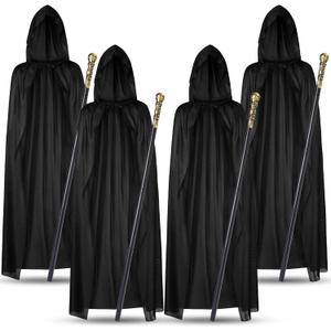 4 Pcs Halloween Wizard Costume Set Cosplay Adult Black Cloak with Hood and Gold Costume Walking Cane for Group Women Men Cosplay Party