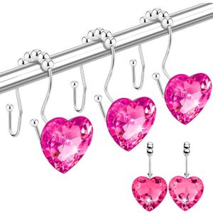 Shower Curtain Hooks Rings for Bathroom, 12PCS Heart Stainless Steel Rust Resistant Decorative Rhinestones Shower Curtain Rings Hangers for Shower Curtains (Double Hook Hot Pink)
