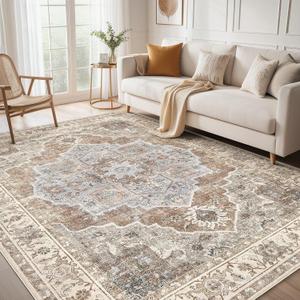 Area Rug for Living Room: 9x12 Washable Vintage Neutral Soft Non Slip Thin Large Floor Carpet for Bedroom Kitchen Dining Room Home Office Farmhouse Indoor - Grey Brown (9' x 12' (Rectangular))