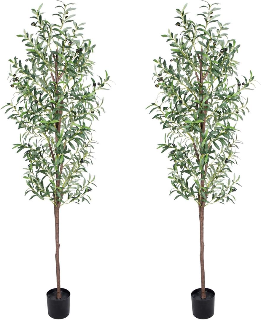 Artificial Olive Tree, 6FT Tall Faux Olive Trees 72in Outdoor Fake Potted Silk Plant with Trunk and Realistic 648 Leaves and 24 Fruits for Modern Office Home Decor Indoor 2Pack