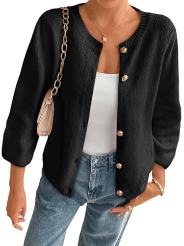 Cicy Bell Womens 3/4 Puff Sleeve Cardigan Sweater Fall Trendy Casual Button Up Loose Fit Cropped Knit Sweaters Black Size M