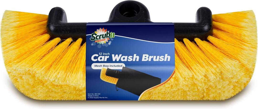 SCRUBIT 12" Car Wash Brush with Soft Bristles for Car Truck Boat Deck & House Cleaning, Exterior Washing Brush Connects with Pole & Hose Storage Bag Included (Yellow)