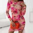 Women's Floral Long Sleeve Mini Dress Ruched Bodycon Date Night Outfit Party Club Dresses 2026 (Pink, S)