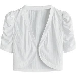 WDIRARA Women's Plus Size Ruched Puff Short Sleeve Bolero Shrugs Open Front Cropped Cardigan (White)