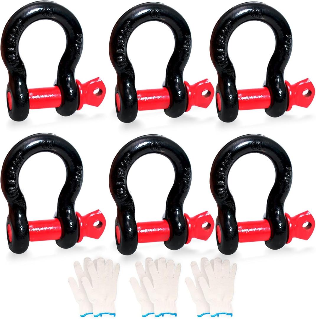 6 Pack 5/8" D Ring Shackles Set 3.25 Ton (7165 Lbs) Capacity with 3/4" Pin Heavy Duty Shackles with 3 Pairs Work Gloves for Towing Strap Winch Off-Road Truck Vehicle Recovery