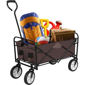 YSSOA Rolling Collapsible Garden Cart Camping Wagon, with 360 Degree Swivel Wheels & Adjustable Handle, 220lbs Weight Capacity,Brown
