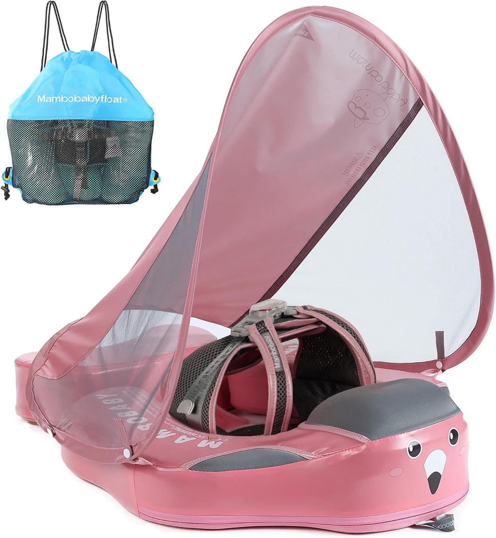 Mambobaby Float Add Tail Baby Swim Float with Canopy, Non-Inflatable Solid Baby Float, Upgrade Soft Waterproof Skin-Friendly Leather Material Infant Swim Float (Deluxe Edition Pink)