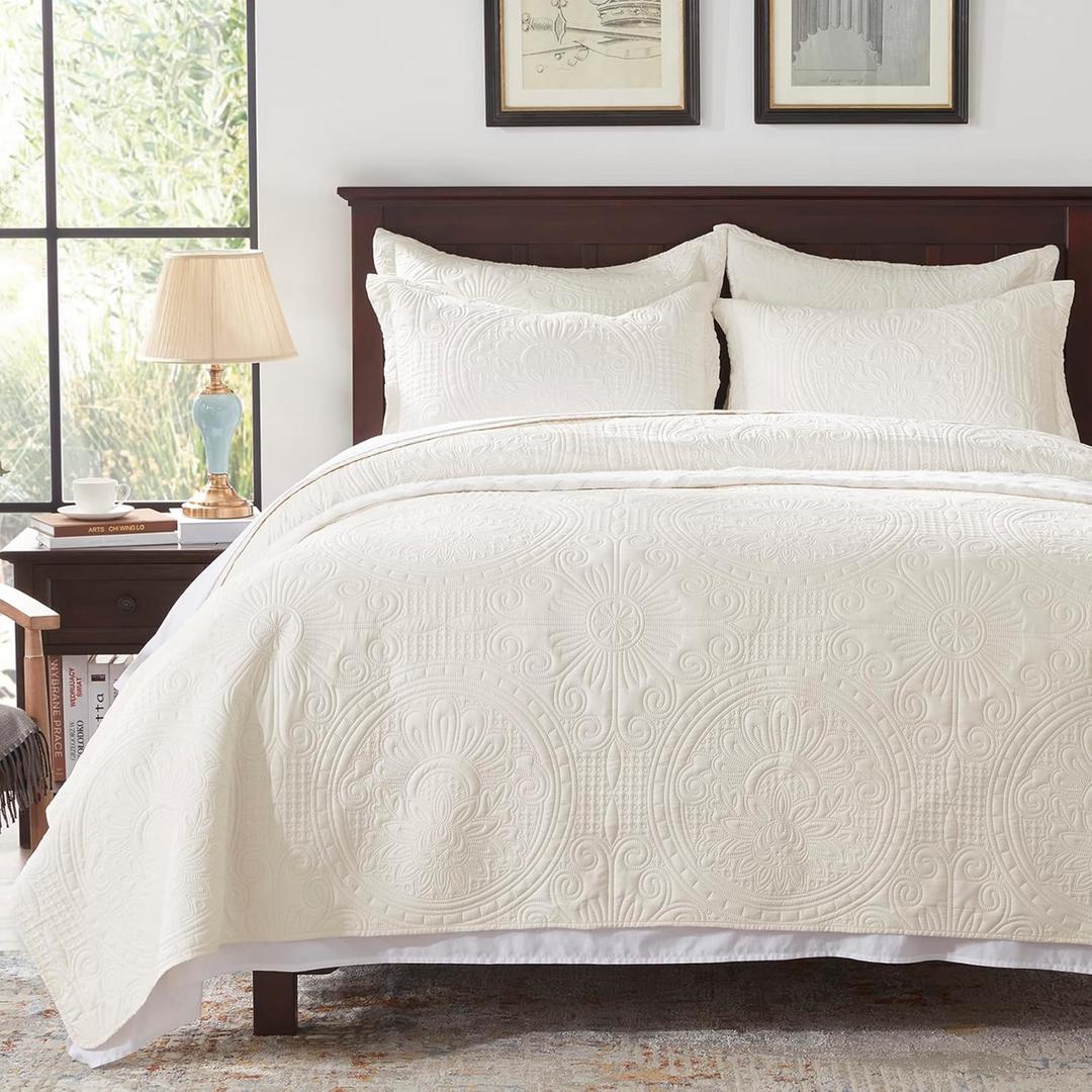 Anluoer Quilt King Size Bedding Set-Cream Embossed, Bedspreads-Lightweight Summer Soft Microfiber Bedspread, Bed Coverlet for All Seasons (1 Quilt, 2 Pillow Shams)