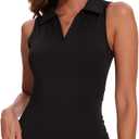 SHAPERIN Women Long Sleeve Bodysuit V Neck Polo T-shirt Basic Top Collared Body Suit Jumpsuit M