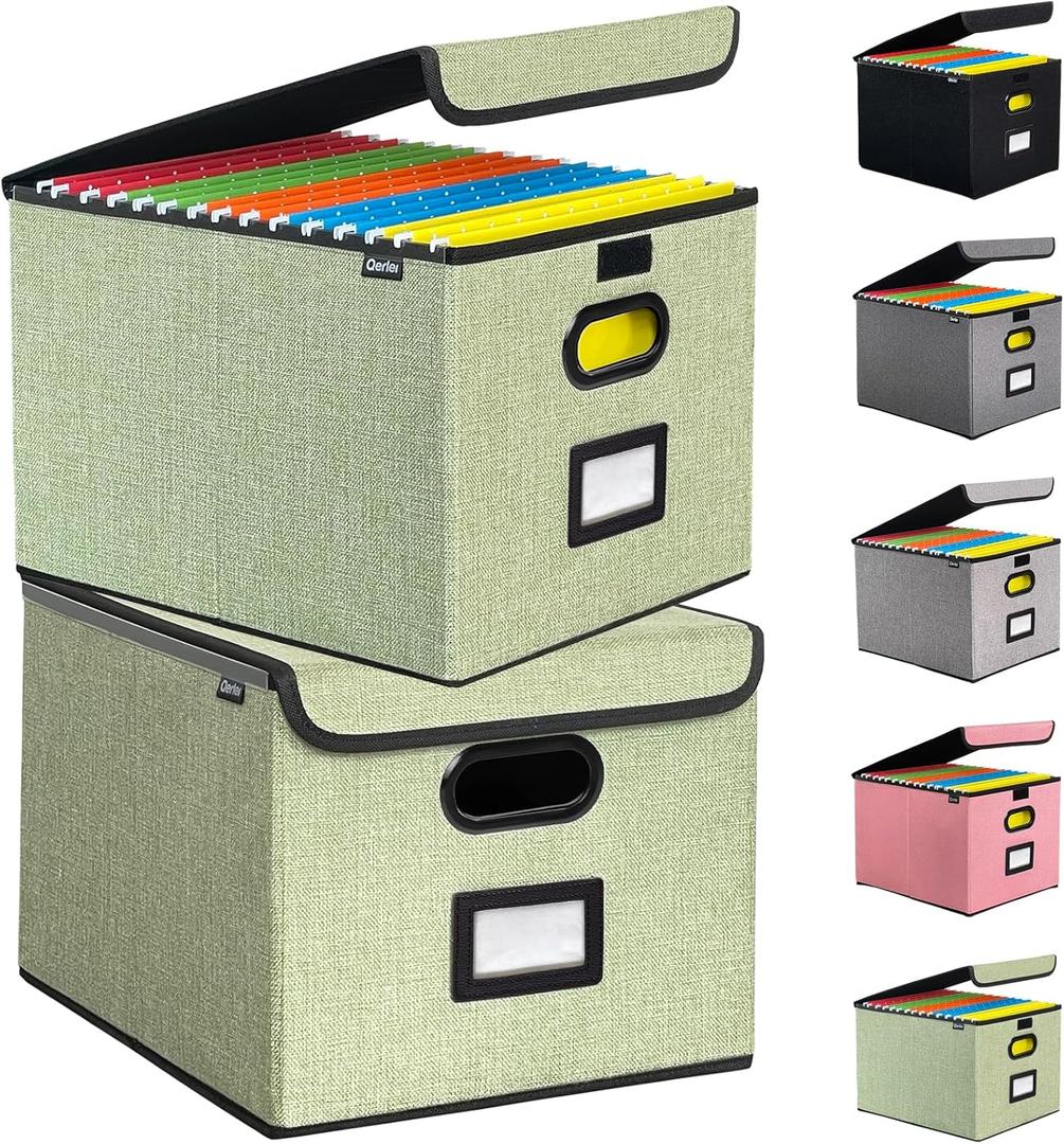 Qerlei File Organizer Boxes with Lids,Collapsible File Folder Organizer with Plastic Slide,Collapsible Filing & Storage Boxes for Office/Decor/Home (Green, 2 Pack)