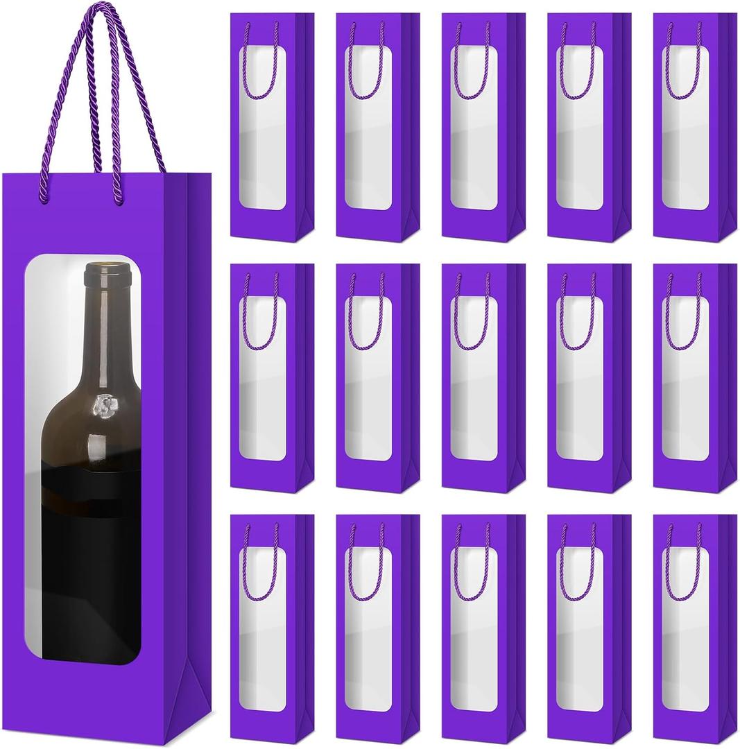 Tioncy 24 Pcs Valentines Day Single Wine Bottle Gift Bag Bulk Wedding Champagne Boxes with Clear Window Handles Reusable Holiday New Year Party Favor (Purple)