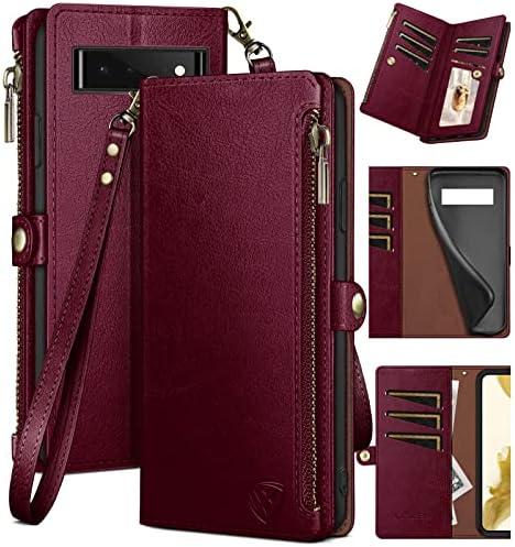 XcaseBar for Google Pixel 6A Wallet case with Zipper Credit Card Holder【RFID Blocking】, Flip Folio Book PU Leather Phone case Shockproof Cover Women Men for Google Pixel 6A case Wine Red