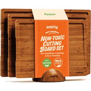 SMIRLY Bamboo Cutting board for Kitchen - Wood Cutting Boards for Meal Prep, Serving, Charcuterie - Kitchen Gadgets, House Warming Gifts - Wooden Chopping Board Set of 3 with Holder - Brown Bamboo