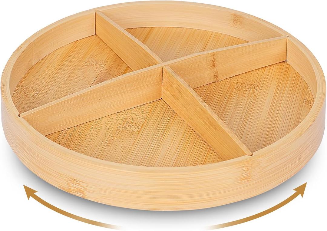 12'' Bamboo Wood Lazy Susan Organizer, Turntable Organizer for Spices, Cabinet, Pantry, Kitchen, Bathroom, Natural Bamboo Color, Smooth Rotating Tray with Removable Dividers and Anti-Fallen Edge
