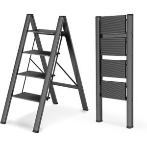 WOA WOA 4 Step Ladder, Foldable Step Stool, Aluminum Lightweight Ladder for Home Kitchen Closet, Anti-Slip Pedals, Ease of Folding, Portable, 300lbs Capacity - Black