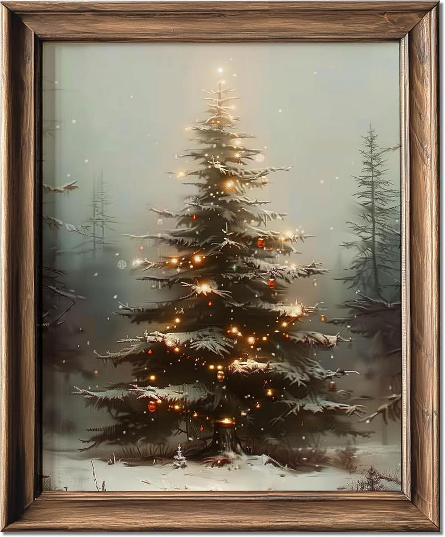 HubbgDesign Vintage Christmas Tree Wall Decor, Christmas Decoration, Forest Wall Art Decor, Rustic Winter Holidays Wall Art, Print Unframed (11x14in, Christmas Tree with Lights)