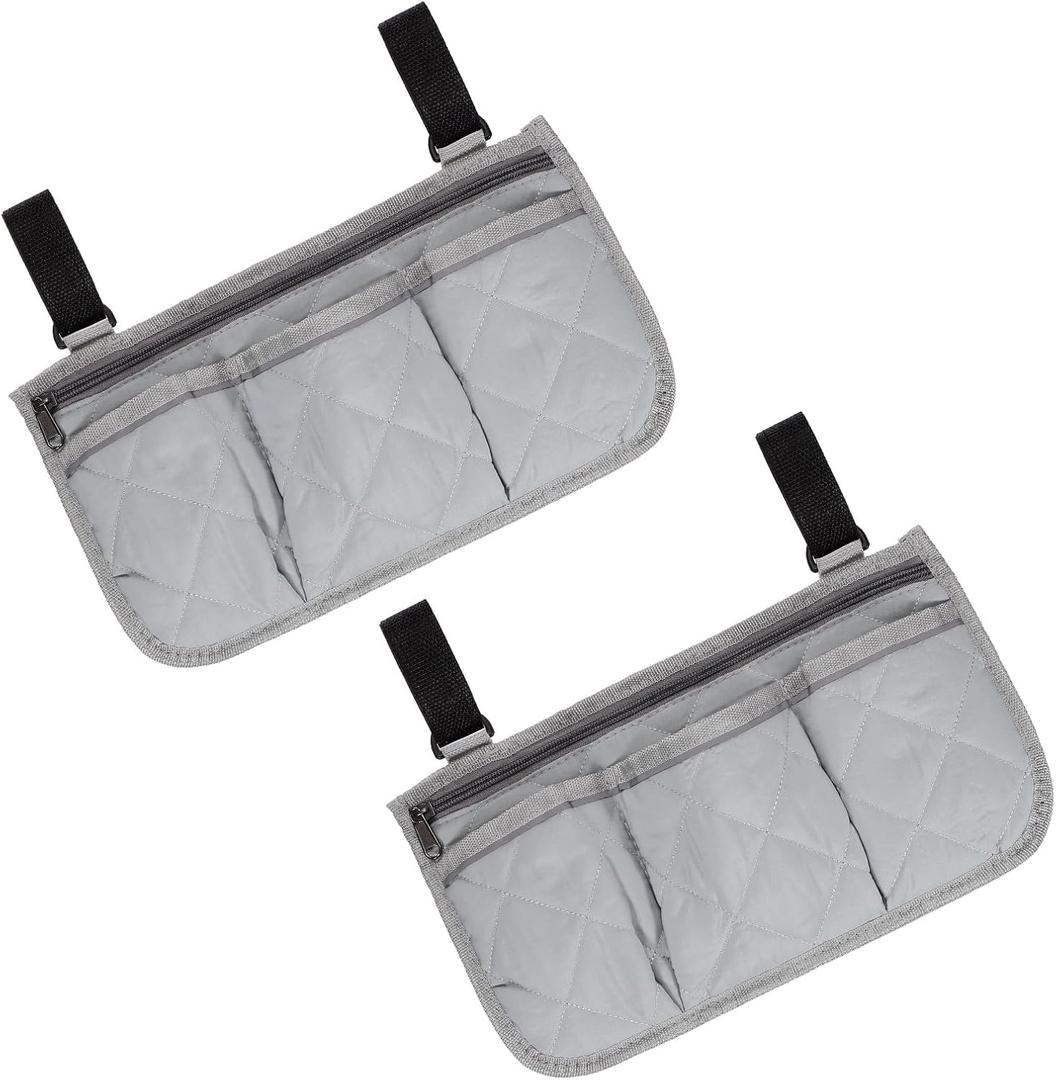Beach Chair Armrest Bag, Beach Side Bag Hanging Storage Organizer with Reflective 4 Pockets Waterproof Pouch 13 x 7" & 2Pcs & Gray - Fit for (Bedside/Outdoor/Camping)