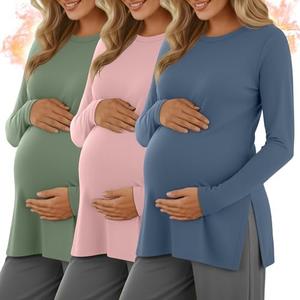 Riyiper 3 Pack Women's Maternity Shirts Split Side Crew Neck Pregnancy Lounge Tee Tops Long Sleeve Loose Fit Pajamas Clothes Large