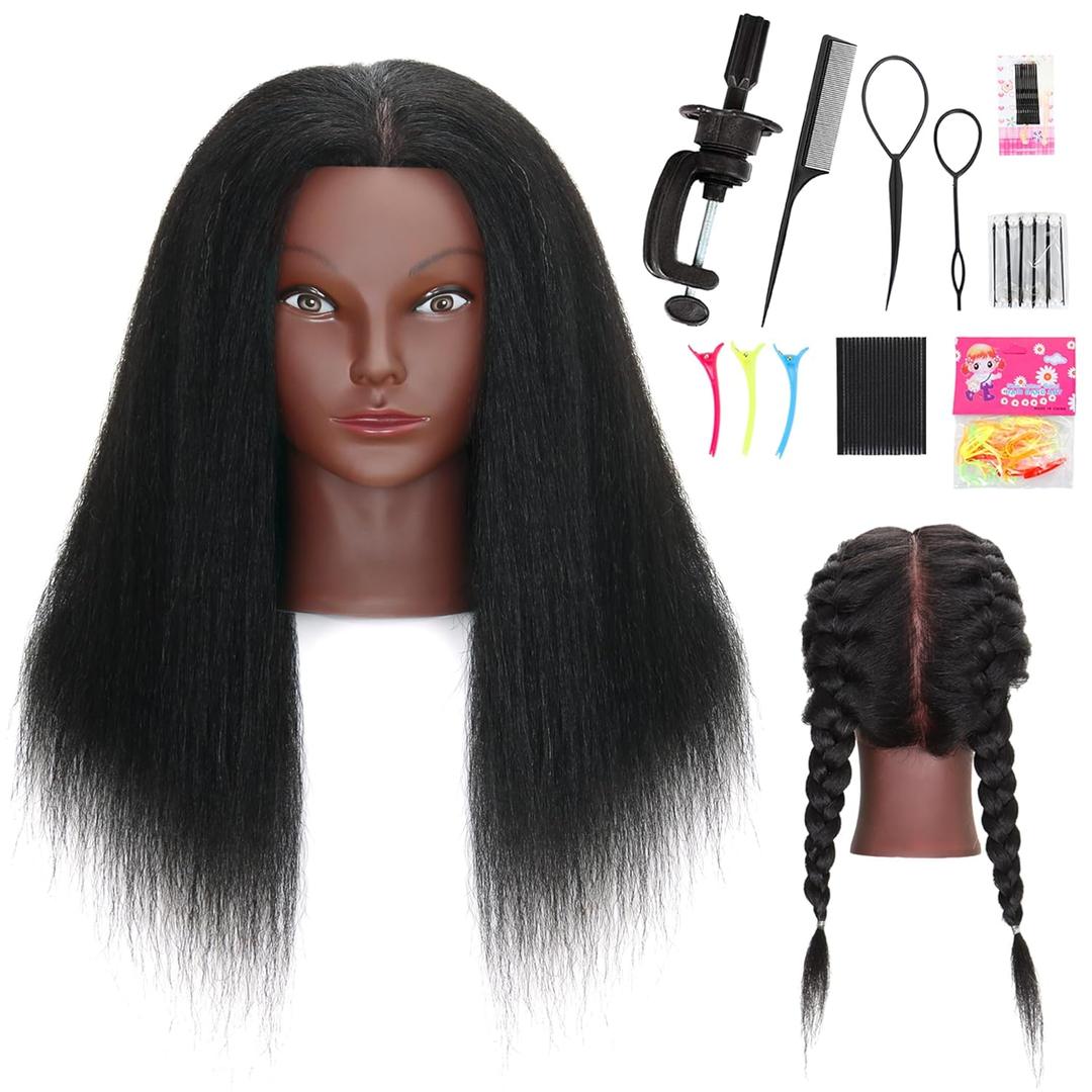 Mannequin Head with Human Hair 16'' Cosmetology Manikin Doll Head with 100% Real Human Hair Mannequin Head for Braiding Hairstylists Cosmetology Students Practice Styling with Free Clamp Holder-Black