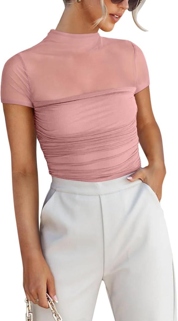 REORIA Women's Sexy Mock Turtle Neck Short Sleeve Shirts Sheer Mesh Ruched Trendy Going Out Bodysuits Tops (Pink) S