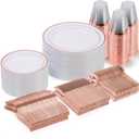 Goodluck 300 Pieces Rose Gold Disposable Plates for 50 Guests, Plastic Plates for Party, Wedding, Dinnerware Set of 50 Dinner Plates, 50 Salad Plates, 50 Spoons, 50 Forks, 50 Knives, 50 Cups