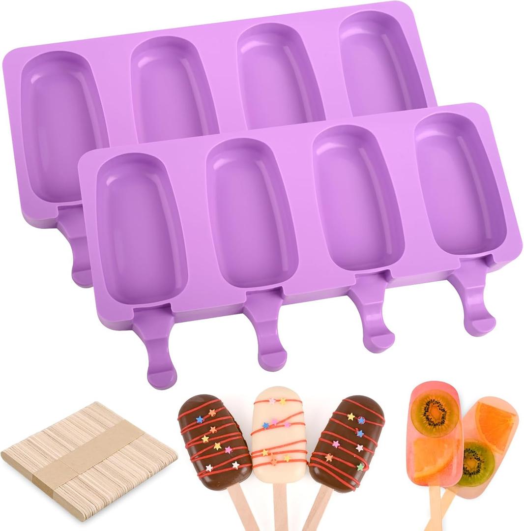 Popsicle Silicone Molds Set, 2 PCS Ice Cream Molds with 50 Wooden Sticks for Cake Pop, Ice Pop, Cakesicles (Standard Size/Purple)