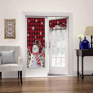 BEMIGO Christmas Tree Snowman French Door Curtains for Windows, Red Buffalo Plaid Front Door Window Curtains for Glass, Privacy Tie Up Blinds Thermal Insulated Shades 26 x 42 Inch