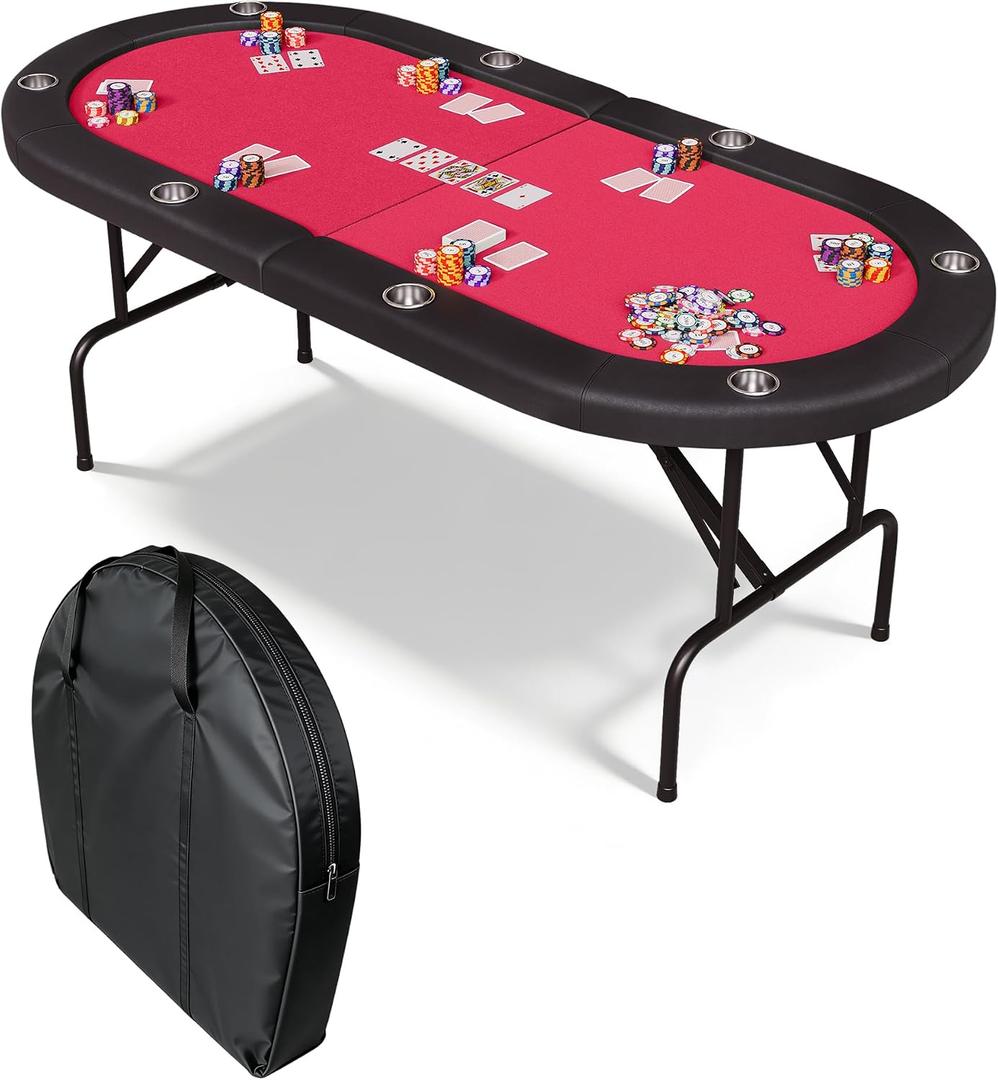 Garvee 8 Player Oval Poker Table Foldable, 72" Poker Game Tables with Storage Bag, Collapsible Legs, Padded Rails & Cup Holders, Portable Folding Game Table for Texas Holdem and Blackjack, Red