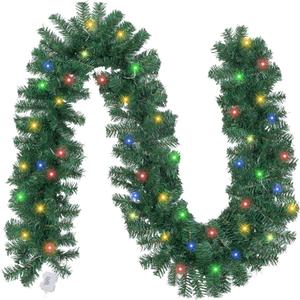 9ft Prelit Lighted Christmas Garland, Battery Operated Colored Lights Timer, Lighted Christmas Decoration for Indoor Holiday Door Home Mantel Fireplace Stairs Decor