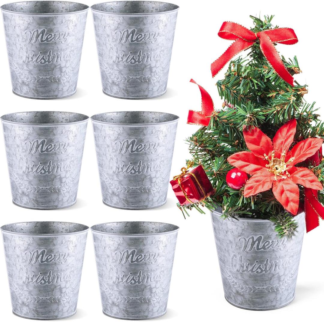 Zhehao 6 Pcs Christmas Galvanized Bucket 5.9'' Metal Basket Bucket Planters Pot Decorative Tin Farmhouse Vintage Flower Holder Decor for Xmas Home Outdoor Indoor(Classic Style)