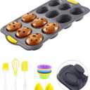 12-Cups Foldable Silicone Muffin Pan with Metal Reinforced Frame - Non-Stick Heat-Resistant Baking Mold for Muffins, Cupcakes, Mini Treats - Easy Storage Silicone Baking Pan, 7-Piece Baking Set