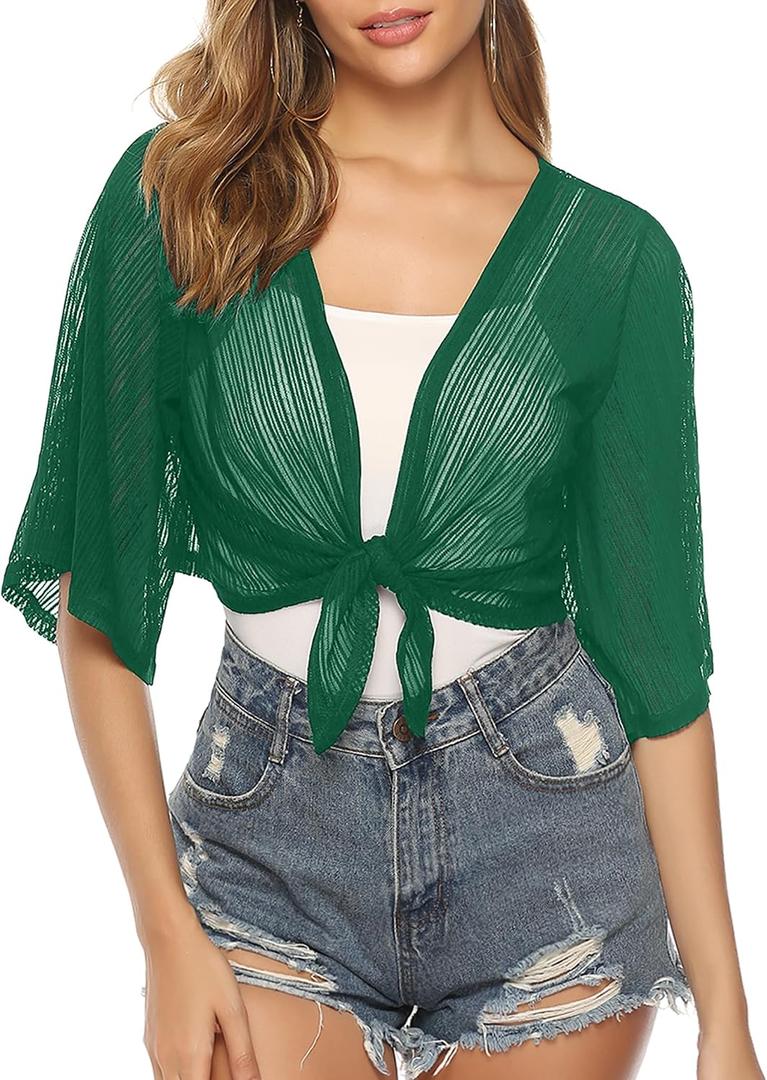 iClosam Women Tie Front Chiffon Shrug Short Sleeve Cropped Sheer Bolero Shrug Cardigan (Green, XXL)