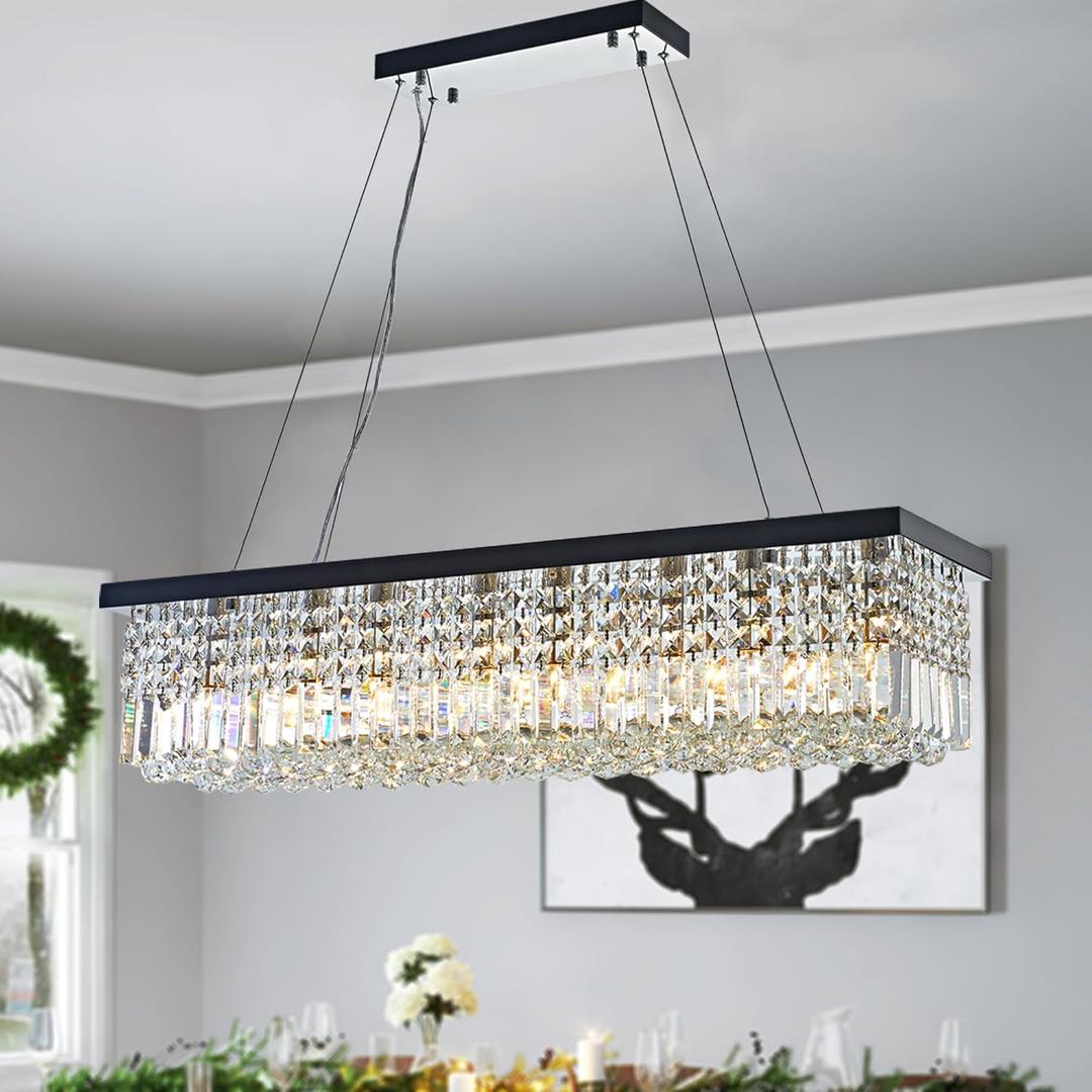 ZSMINGHUI Rectangle K9 Crystal Chandelier Modern Rectangular Pendant Lighting Fixture for Dining Room Kitchen Island Bedroom Black 40'' 8-Light E12